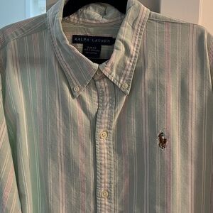 Lovely Rare 100 % Cotton Ralph Lauren Green and Red EUC Striped Shirt